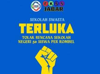 Poster seruan dari FKSS Jabar menolak rencana penambahan jumlah siswa hingga 50 per rombongan belajar (rombel) di sekolah negeri, dengan slogan "Sekolah Swasta Terluka".