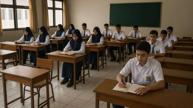 Ilustrasi Suasana belajar di sebuah SMA swasta di Indonesia yang hanya diisi sebagian kecil siswa. Banyak bangku kosong mencerminkan tantangan berat yang dihadapi sekolah swasta akibat kebijakan kuota besar di sekolah negeri.