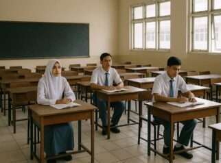 Ilustrasi Suasana kegiatan belajar mengajar di sekolah swasta dengan jumlah siswa yang minim, menggambarkan tantangan yang dihadapi lembaga pendidikan swasta akibat kebijakan pembatasan kuota.